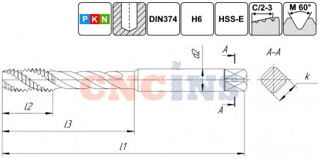 TSF1.M12х1,0.6H.DIN374.M35 Метчик М12х1,0 для глухих отверстий, DIN374, без покрытия