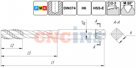 TSF1.M16х1,5.6H.DIN374.TiN.M35 Метчик М16х1,5 для глухих отверстий, DIN374, с покрытием TiN