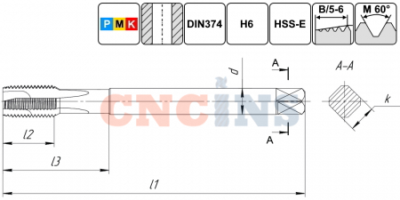 TSP1.M14х1,5.6H.DIN374.TiN.M35 Метчик М14х1,5 для сквозных отверстий, DIN374, с покрытием TiN